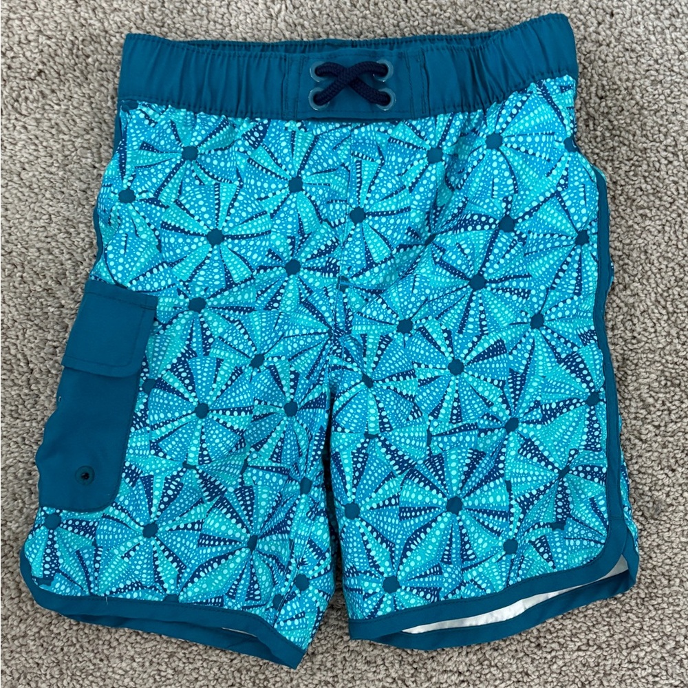 Lands' End Kids Blue Teal Geometric Swim Board Shorts Size XS 4/5